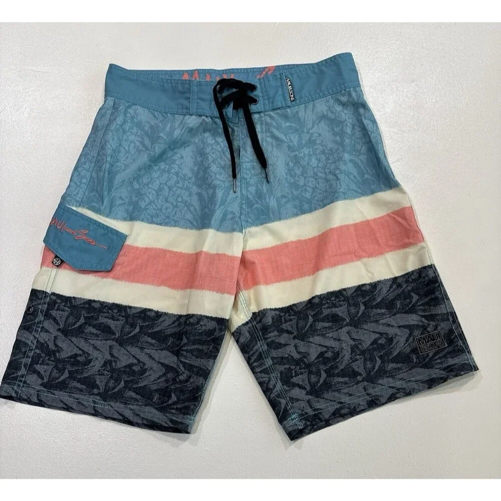 Maui And Sons 30 Mens Board Shorts Swim Trunks Striped Floral Flap Pocket Beach